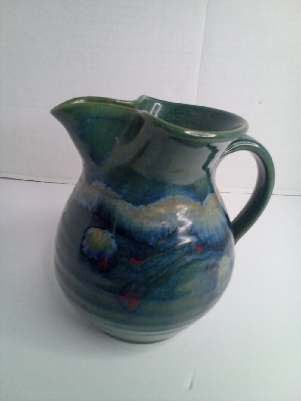 Handmade Pottery Pitcher Vase Glazed Green Blue 6" Tall